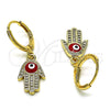 Arete Colgante 02.253.0051.1 Oro Laminado, Diseño de Mano de Dios y Ojo Griego, con Blanca Micro Pave, Esmaltado Rojo, Tono Dorado