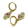 Arete Colgante 02.253.0051.1 Oro Laminado, Diseño de Mano de Dios y Ojo Griego, con Blanca Micro Pave, Esmaltado Rojo, Tono Dorado