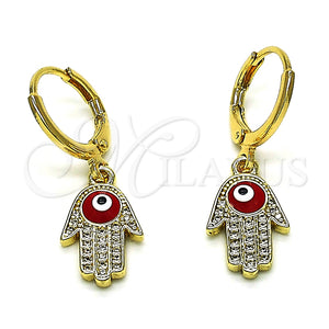 Arete Colgante 02.253.0051.1 Oro Laminado, Diseño de Mano de Dios y Ojo Griego, con Blanca Micro Pave, Esmaltado Rojo, Tono Dorado