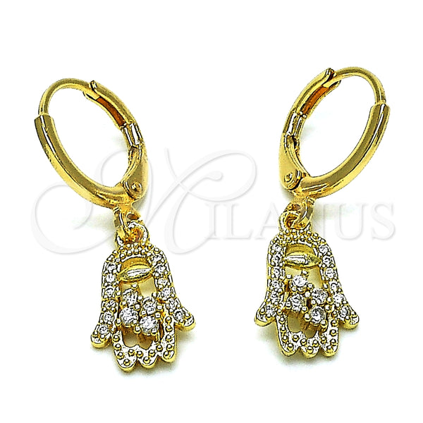 Arete Colgante 02.253.0052 Oro Laminado, Diseño de Mano de Dios, con Blanca Zirconia Cubica and Blanca Micro Pave, Pulido, Tono Dorado
