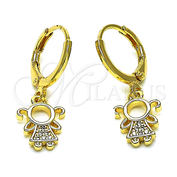 Arete Colgante 02.253.0061 Oro Laminado, Diseño de Niñita Pequeña, con Blanca Micro Pave, Pulido, Tono Dorado