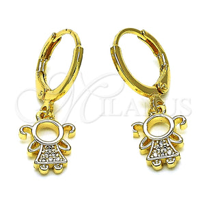 Arete Colgante 02.253.0061 Oro Laminado, Diseño de Niñita Pequeña, con Blanca Micro Pave, Pulido, Tono Dorado