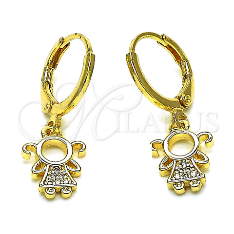 Arete Colgante 02.253.0061 Oro Laminado, Diseño de Niñita Pequeña, con Blanca Micro Pave, Pulido, Tono Dorado