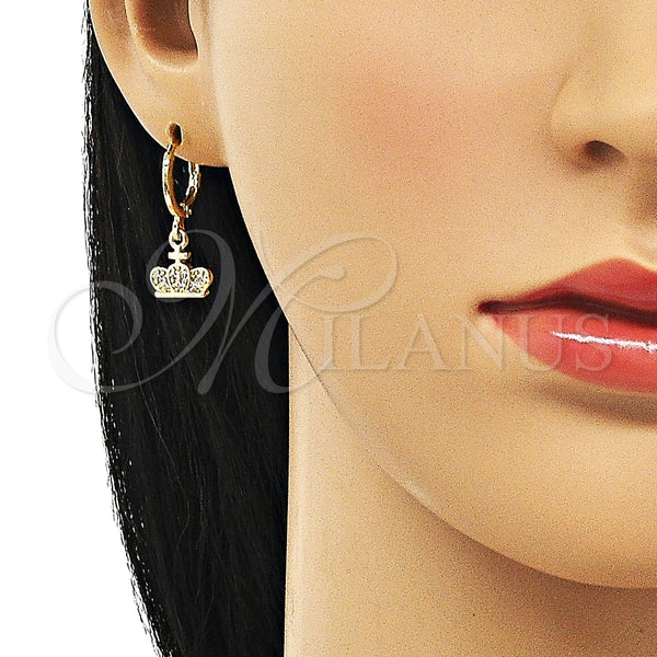 Arete Colgante 02.253.0063 Oro Laminado, Diseño de Corona y Cruz, con Blanca Micro Pave, Pulido, Tono Dorado