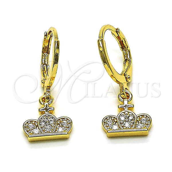 Arete Colgante 02.253.0063 Oro Laminado, Diseño de Corona y Cruz, con Blanca Micro Pave, Pulido, Tono Dorado