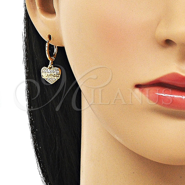 Arete Colgante 02.253.0064 Oro Laminado, Diseño de Corazón, con Blanca Micro Pave, Pulido, Tono Dorado