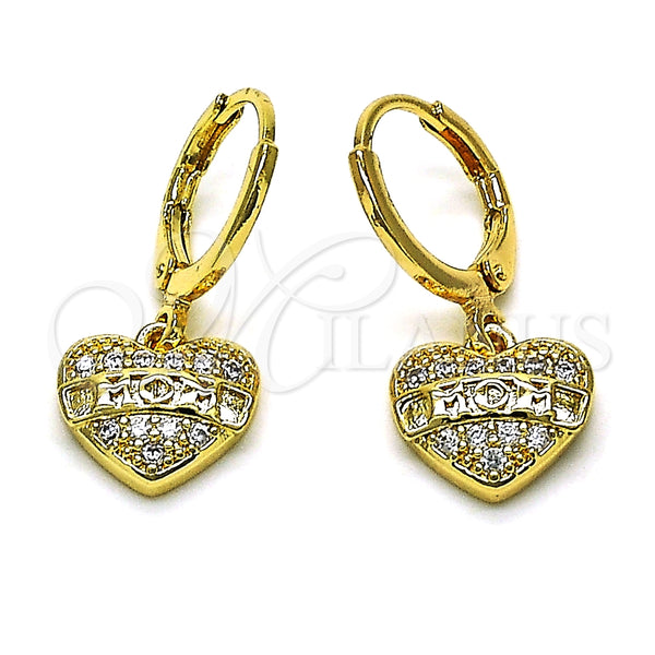 Arete Colgante 02.253.0064 Oro Laminado, Diseño de Corazón, con Blanca Micro Pave, Pulido, Tono Dorado