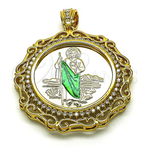 Dije Religioso 05.380.0161 Oro Laminado, Diseño de San Judas y Moneda Centenario, con Blanca Zirconia Cubica, Pulido, Dos Tonos