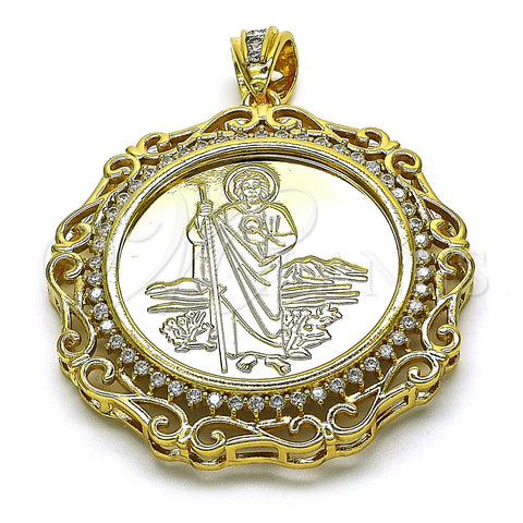 Dije Religioso 05.380.0161.1 Oro Laminado, Diseño de Moneda Centenario y San Judas, con Blanca Zirconia Cubica, Pulido, Tono Dorado