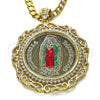 Dije Religioso 05.380.0162 Oro Laminado, Diseño de Guadalupe y Moneda Centenario, con Zirconia Cubica Blanca, Pulido, Tres Tonos