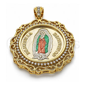 Dije Religioso 05.380.0162 Oro Laminado, Diseño de Guadalupe y Moneda Centenario, con Zirconia Cubica Blanca, Pulido, Tres Tonos