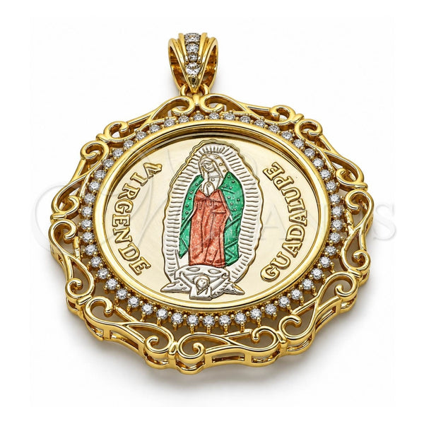 Dije Religioso 05.380.0162 Oro Laminado, Diseño de Guadalupe y Moneda Centenario, con Zirconia Cubica Blanca, Pulido, Tres Tonos