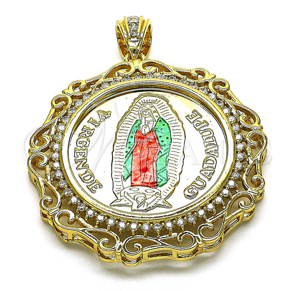 Dije Religioso 05.380.0162 Oro Laminado, Diseño de Guadalupe y Moneda Centenario, con Blanca Zirconia Cubica, Pulido, Tres Tonos