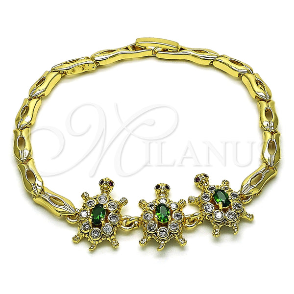 Pulsera Elegante 03.284.0024.07 Oro Laminado, Diseño de Tortuga y Pescado, con Verde and Blanca Zirconia Cubica, Pulido, Tono Dorado (04 MM Thickness, 7 Inches Length)