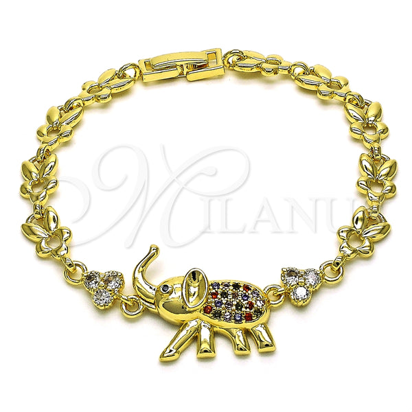 Pulsera Elegante 03.284.0025.1.07 Oro Laminado, Diseño de Elefante y Oja, con Multicolor Micro Pave and Blanca Zirconia Cubica, Pulido, Tono Dorado (07 MM Thickness, 7 Inches Length)