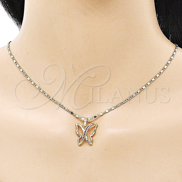 Juego de Arete y Dije de Adulto 10.196.0075 Oro Laminado, Diseño de Mariposa, con Rubi Micro Pave, Pulido, Tono Dorado