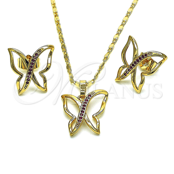 Juego de Arete y Dije de Adulto 10.196.0075 Oro Laminado, Diseño de Mariposa, con Rubi Micro Pave, Pulido, Tono Dorado