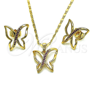 Juego de Arete y Dije de Adulto 10.196.0075 Oro Laminado, Diseño de Mariposa, con Rubi Micro Pave, Pulido, Tono Dorado
