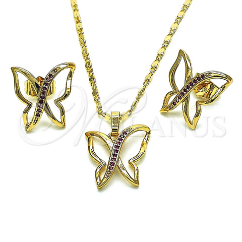 Juego de Arete y Dije de Adulto 10.196.0075 Oro Laminado, Diseño de Mariposa, con Rubi Micro Pave, Pulido, Tono Dorado