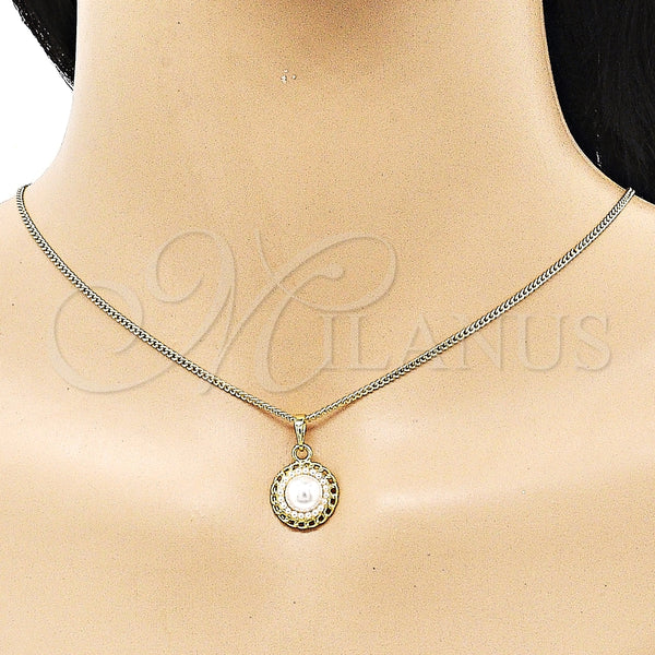 Juego de Arete y Dije de Adulto 10.379.0058 Oro Laminado, Diseño de Flor, con Marfil Perla, Pulido, Tono Dorado