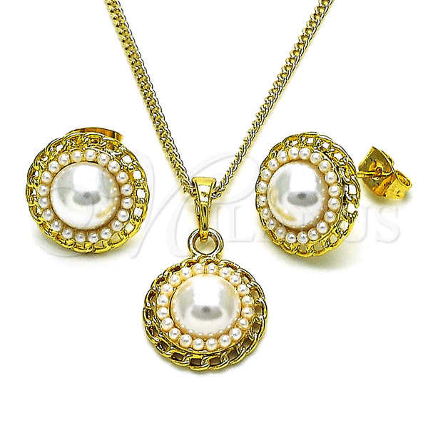 Juego de Arete y Dije de Adulto 10.379.0058 Oro Laminado, Diseño de Flor, con Marfil Perla, Pulido, Tono Dorado