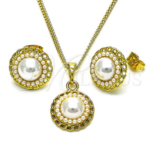 Juego de Arete y Dije de Adulto 10.379.0058 Oro Laminado, Diseño de Flor, con Marfil Perla, Pulido, Tono Dorado