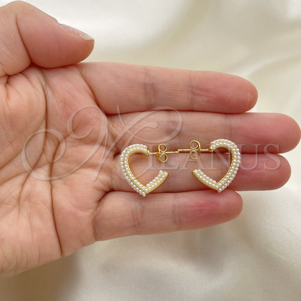 Arete Dormilona 02.379.0028 Oro Laminado, Diseño de Corazón, con Marfil Perla, Pulido, Tono Dorado