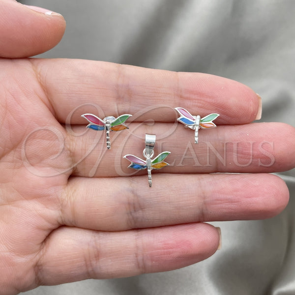 Juego de Arete y Dije de Adulto 10.399.0007 Plata Rodinada, Diseño de Libélula, con Madre Perla Multicolor, Pulido, Tono Plateado