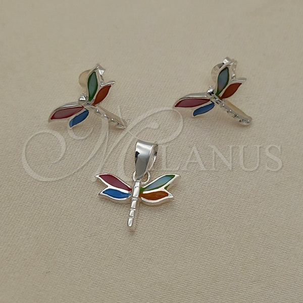 Juego de Arete y Dije de Adulto 10.399.0007 Plata Rodinada, Diseño de Libélula, con Madre Perla Multicolor, Pulido, Tono Plateado