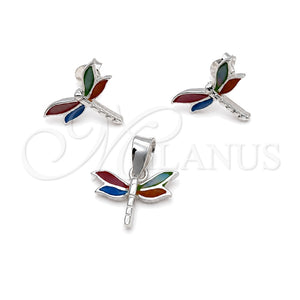 Juego de Arete y Dije de Adulto 10.399.0007 Plata Rodinada, Diseño de Libélula, con Madre Perla Multicolor, Pulido, Tono Plateado