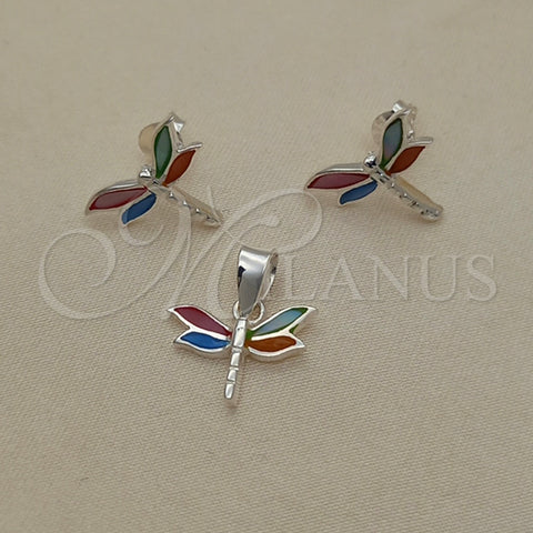 Juego de Arete y Dije de Adulto 10.399.0007 Plata Rodinada, Diseño de Libélula, con Madre Perla Multicolor, Pulido, Tono Plateado