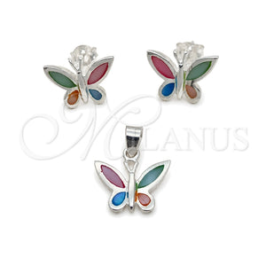 Juego de Arete y Dije de Adulto 10.399.0008 Plata Rodinada, Diseño de Mariposa, con Madre Perla Multicolor, Pulido, Tono Plateado