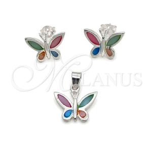 Juego de Arete y Dije de Adulto 10.399.0008 Plata Rodinada, Diseño de Mariposa, con Madre Perla Multicolor, Pulido, Tono Plateado