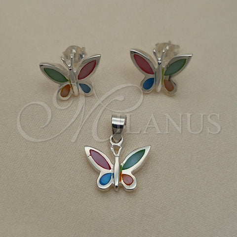 Juego de Arete y Dije de Adulto 10.399.0008 Plata Rodinada, Diseño de Mariposa, con Madre Perla Multicolor, Pulido, Tono Plateado