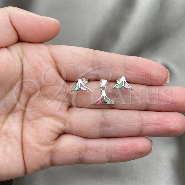 Juego de Arete y Dije de Adulto 10.399.0009 Plata Rodinada, Diseño de Pescado, con Madre Perla Multicolor, Pulido, Tono Plateado