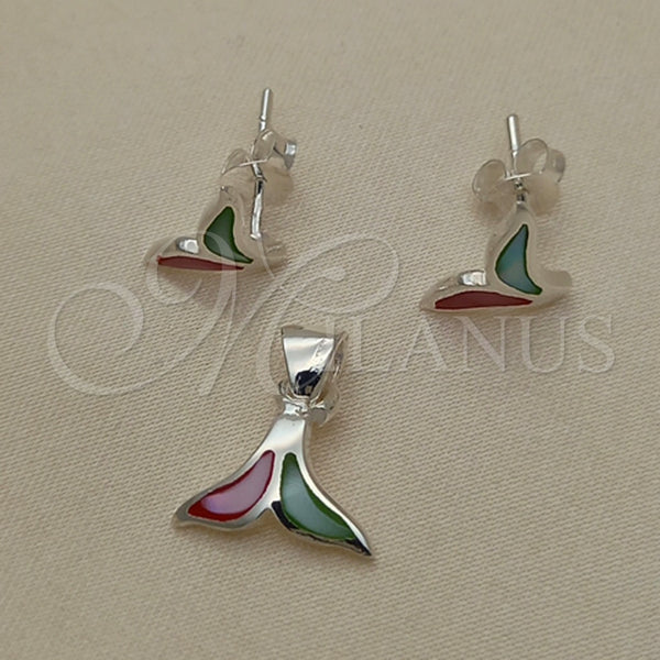 Juego de Arete y Dije de Adulto 10.399.0009 Plata Rodinada, Diseño de Pescado, con Madre Perla Multicolor, Pulido, Tono Plateado