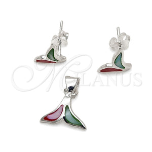 Juego de Arete y Dije de Adulto 10.399.0009 Plata Rodinada, Diseño de Pescado, con Madre Perla Multicolor, Pulido, Tono Plateado