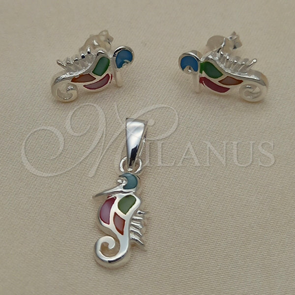 Juego de Arete y Dije de Adulto 10.399.0010 Plata Rodinada, Diseño de Caballo de Mar, con Madre Perla Multicolor, Pulido, Tono Plateado
