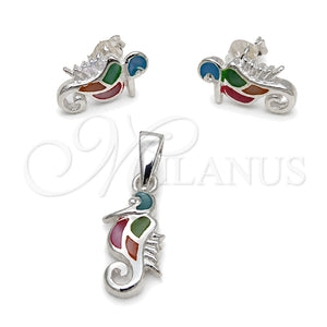 Juego de Arete y Dije de Adulto 10.399.0010 Plata Rodinada, Diseño de Caballo de Mar, con Madre Perla Multicolor, Pulido, Tono Plateado