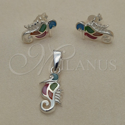 Juego de Arete y Dije de Adulto 10.399.0010 Plata Rodinada, Diseño de Caballo de Mar, con Madre Perla Multicolor, Pulido, Tono Plateado