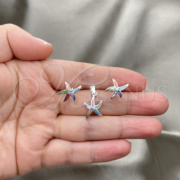 Juego de Arete y Dije de Adulto 10.399.0012 Plata Rodinada, Diseño de Estrella, con Madre Perla Multicolor, Pulido, Tono Plateado