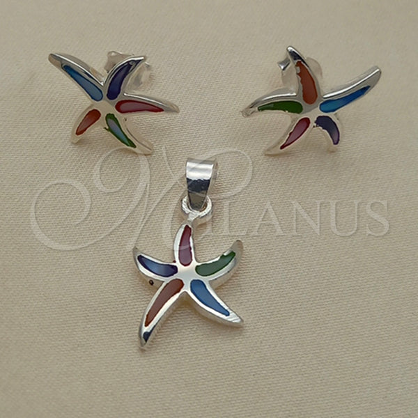Juego de Arete y Dije de Adulto 10.399.0012 Plata Rodinada, Diseño de Estrella, con Madre Perla Multicolor, Pulido, Tono Plateado