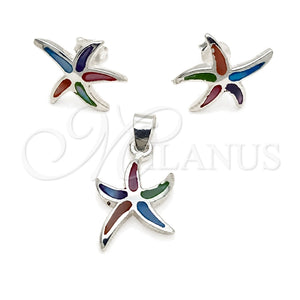 Juego de Arete y Dije de Adulto 10.399.0012 Plata Rodinada, Diseño de Estrella, con Madre Perla Multicolor, Pulido, Tono Plateado