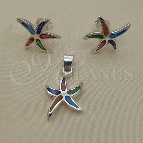 Juego de Arete y Dije de Adulto 10.399.0012 Plata Rodinada, Diseño de Estrella, con Madre Perla Multicolor, Pulido, Tono Plateado