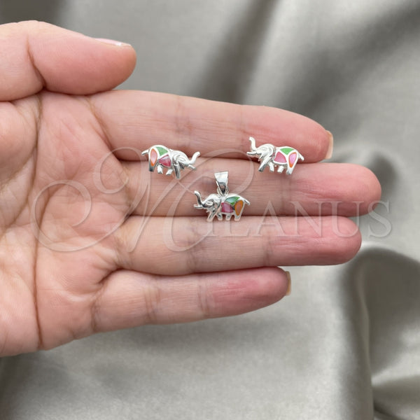 Juego de Arete y Dije de Adulto 10.399.0013 Plata Rodinada, Diseño de Elefante, con Madre Perla Multicolor, Pulido, Tono Plateado