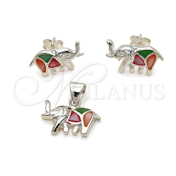 Juego de Arete y Dije de Adulto 10.399.0013 Plata Rodinada, Diseño de Elefante, con Madre Perla Multicolor, Pulido, Tono Plateado