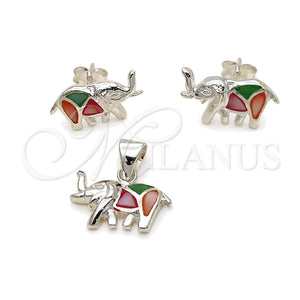 Juego de Arete y Dije de Adulto 10.399.0013 Plata Rodinada, Diseño de Elefante, con Madre Perla Multicolor, Pulido, Tono Plateado