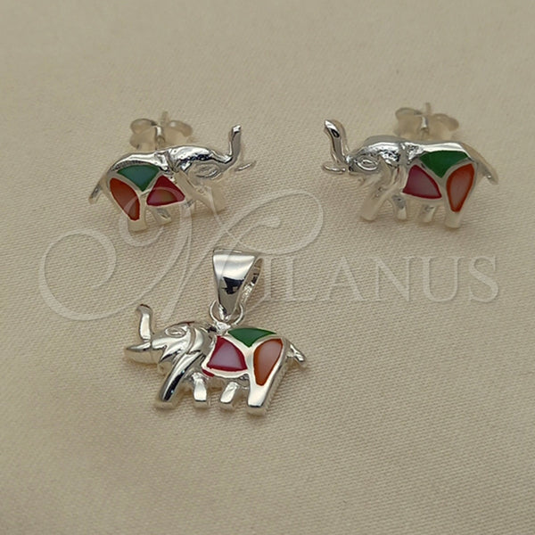 Juego de Arete y Dije de Adulto 10.399.0013 Plata Rodinada, Diseño de Elefante, con Madre Perla Multicolor, Pulido, Tono Plateado