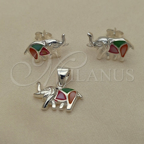 Juego de Arete y Dije de Adulto 10.399.0013 Plata Rodinada, Diseño de Elefante, con Madre Perla Multicolor, Pulido, Tono Plateado