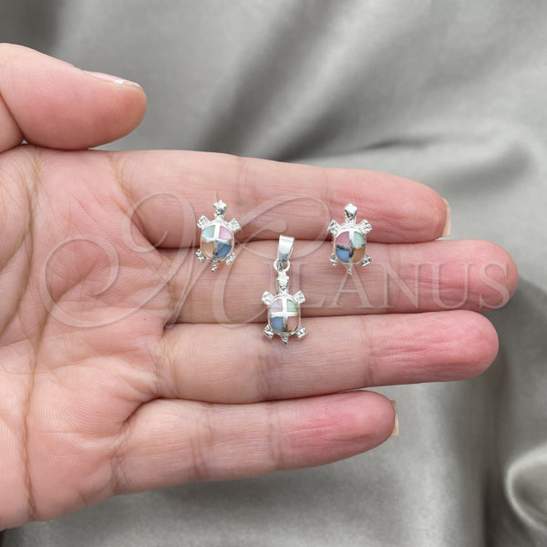 Juego de Arete y Dije de Adulto 10.399.0014 Plata Rodinada, Diseño de Tortuga, con Madre Perla Multicolor, Pulido, Tono Plateado